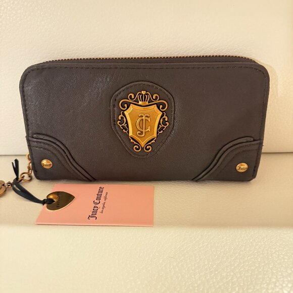 NWT JUICY COUTURE JUICY ROMANCE GUSSET SINGLE ZIP AROUND WALLET BAG BROWN - Picture 1 of 6